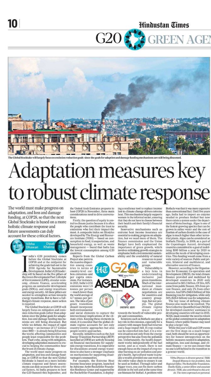 deepalikhanna's tweet photo. As India prepares to host the @g20org Summit this Sep &amp; UAE prepares to host @COP28_UAE in Nov, Dr Vibha Dhawan @teriin and I share thoughts in @htTweets on key considerations to ensure that no one is left behind in the transition to a greener world.
https://t.co/yT4YI1SfOG https://t.co/q5rHLi5rFj