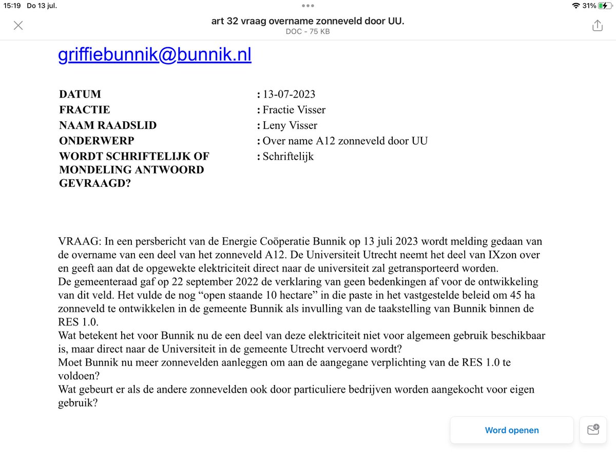 Het bericht over de overname van (een deel van-) het A12 zonneveld in #Bunnik door <a href="/UniUtrecht/">Utrecht University</a> is voor mij aanleiding om schriftelijke vragen te stellen aan het college.
@egbunnik