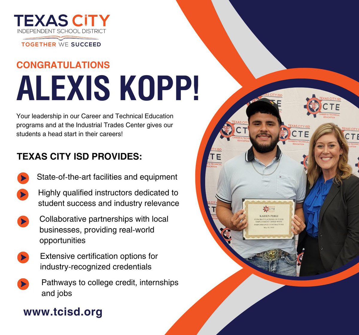 Texas City ISD (@texascityisd) on Twitter photo πCongratulations to our own Alexis Kopp for being named to the <a href="/GalvNews/">The Daily News</a> 40 Under 40! Your leadership in our Career and Technical Education (CTE) programs and at the Industrial Trades Center gives our students a head start in their careers!
We are so proud! πππ πCongratulations to our own Alexis Kopp for being named to the <a href="/GalvNews/">The Daily News</a> 40 Under 40! Your leadership in our Career and Technical Education (CTE) programs and at the Industrial Trades Center gives our students a head start in their careers!
We are so proud! πππ