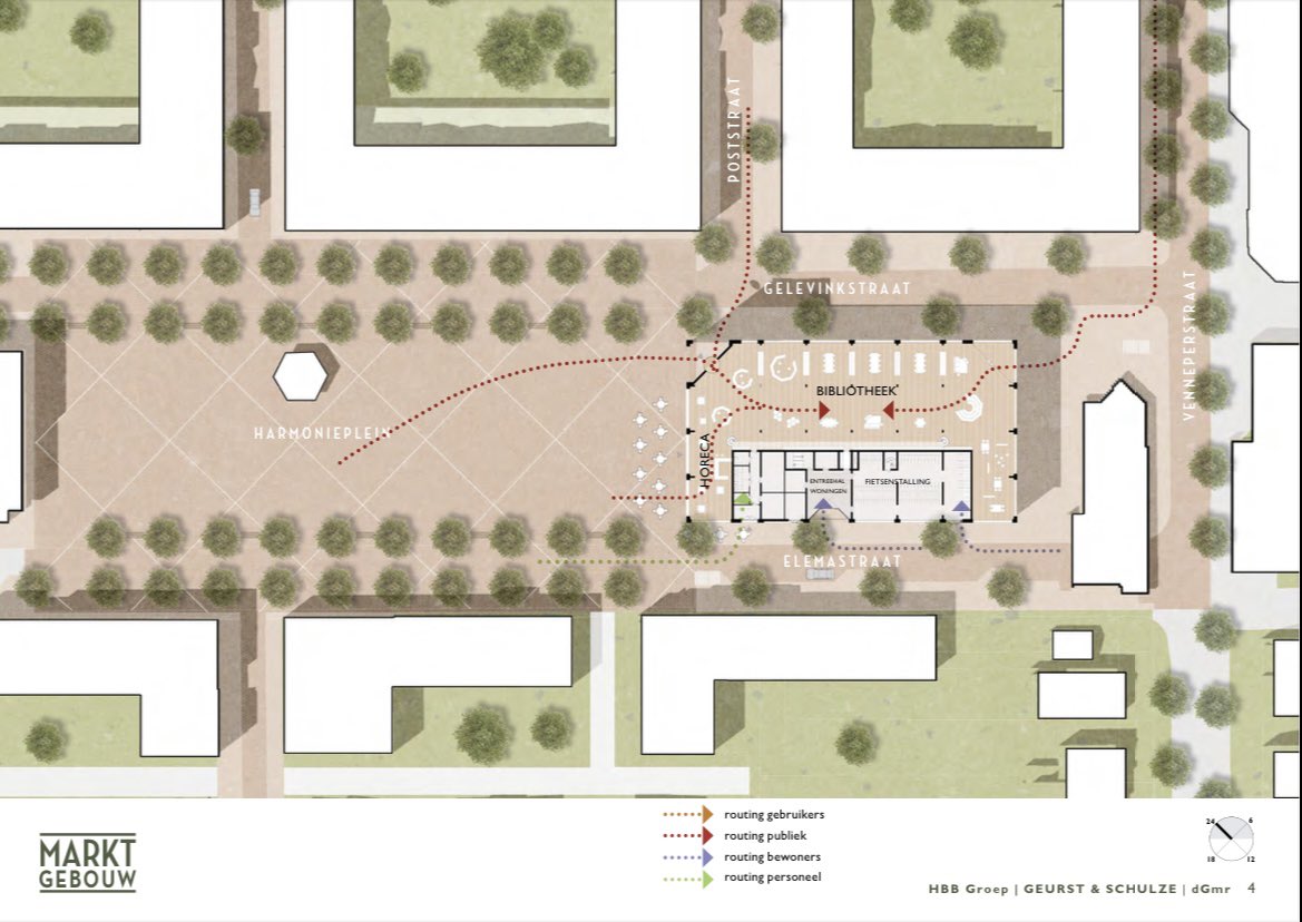De tender voor ‘het Marktgebouw’ aan het Harmonieplein in Nieuw-Vennep is gewonnen door HBB met een ontwerp van #GeurtsenSchulze architecten. Het zorgt met een bibliotheek en horeca op de begane grond en 47 woningen voor de gewenste verlevendiging van het centrum de ‘Nieuwe Kom’.
