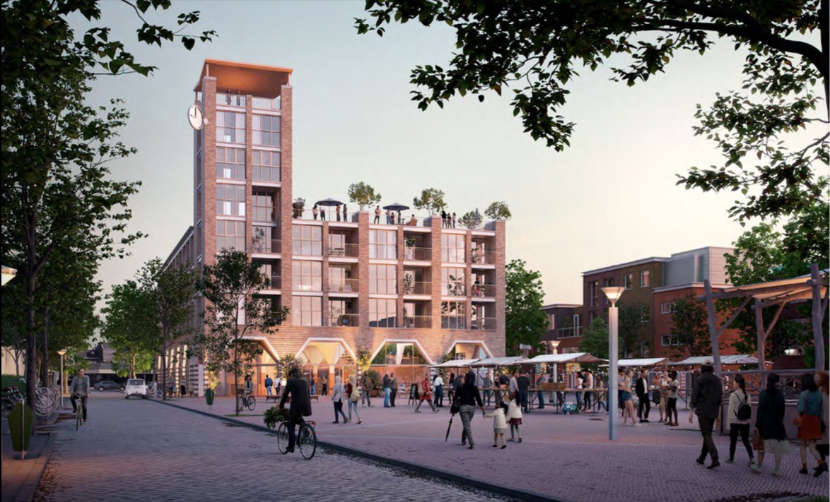 Peters_Peer's tweet photo. De tender voor ‘het Marktgebouw’ aan het Harmonieplein in Nieuw-Vennep is gewonnen door HBB met een ontwerp van #GeurtsenSchulze architecten. Het zorgt met een bibliotheek en horeca op de begane grond en 47 woningen voor de gewenste verlevendiging van het centrum de ‘Nieuwe Kom’. https://t.co/EYim5KI3f3