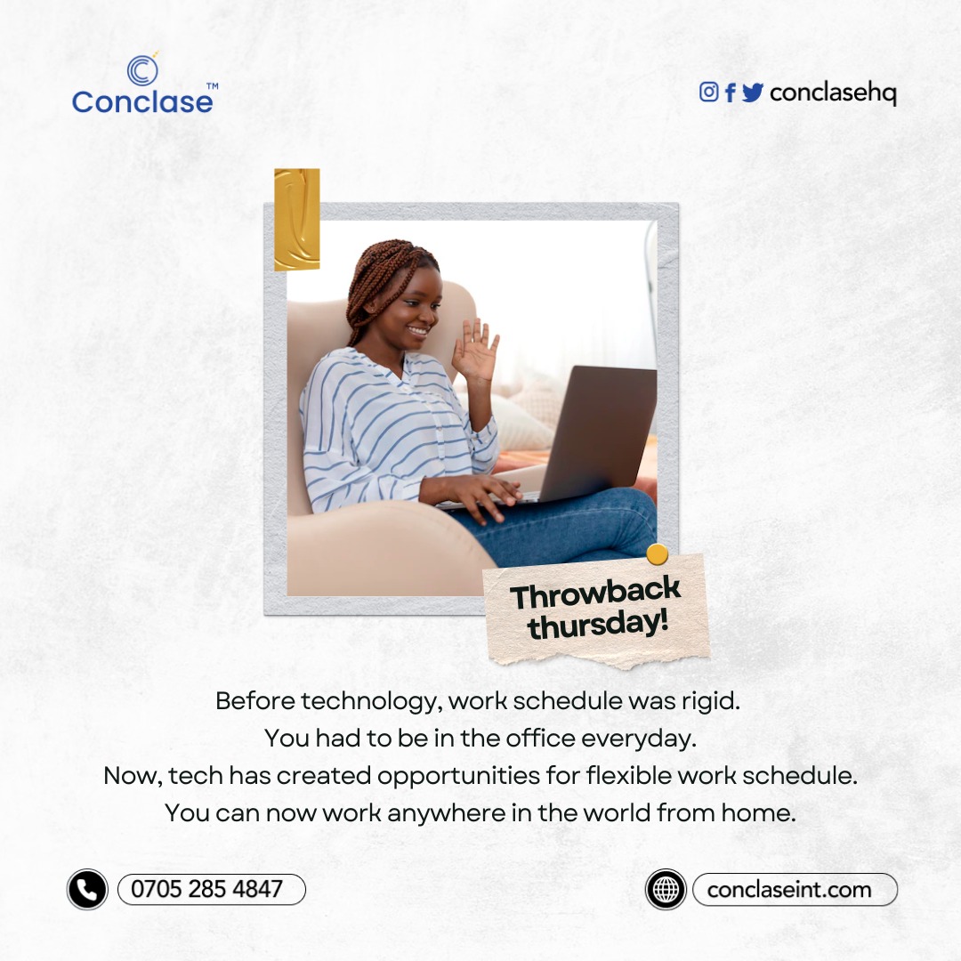 conclasehq's tweet photo. One of the perks of technology is how anyone can work anywhere in the world.
Do you have a flexible work schedule? Let us know in the comment section.
#conclasehq #conclastechcommunity #tech #techthrowbackthursday #education #learning #onlinelearning https://t.co/CIgLIEkkPr