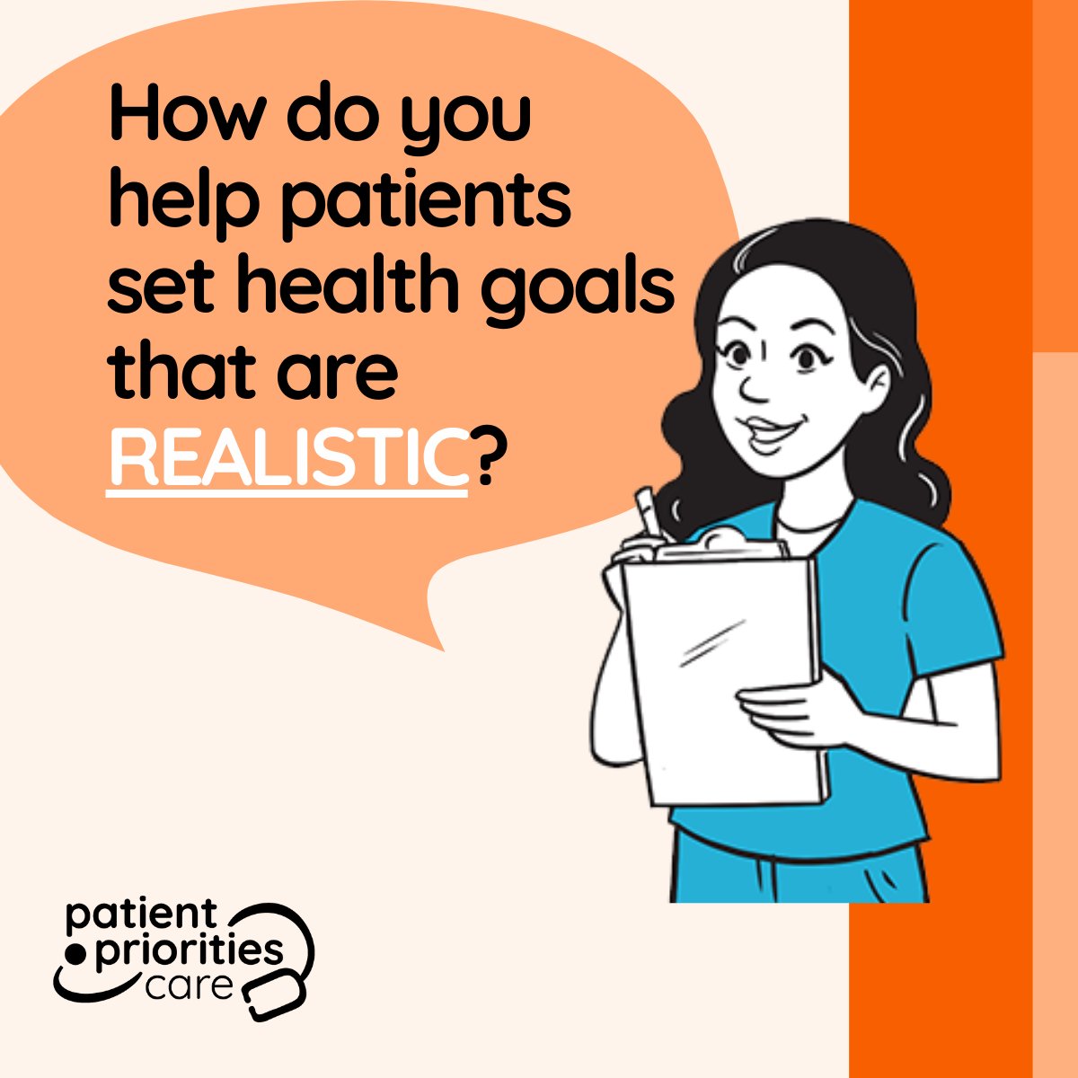 When setting health goals around #WhatMattersMost, it's important that the goal is realistic—meaning something the patient is willing and able to do. Take these four steps to help patients make a REALISTIC health goal that you can use to guide decision making and progress. 👇