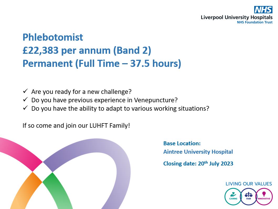We have an exciting opportunity for a Phlebotomist to join us on our Aintree site! 💉

Please follow the below link for further details and to submit your application:
tinyurl.com/58xhprzf

#teamluhft #nhsjobs #nhscareers #phlebotomy #venepuncture