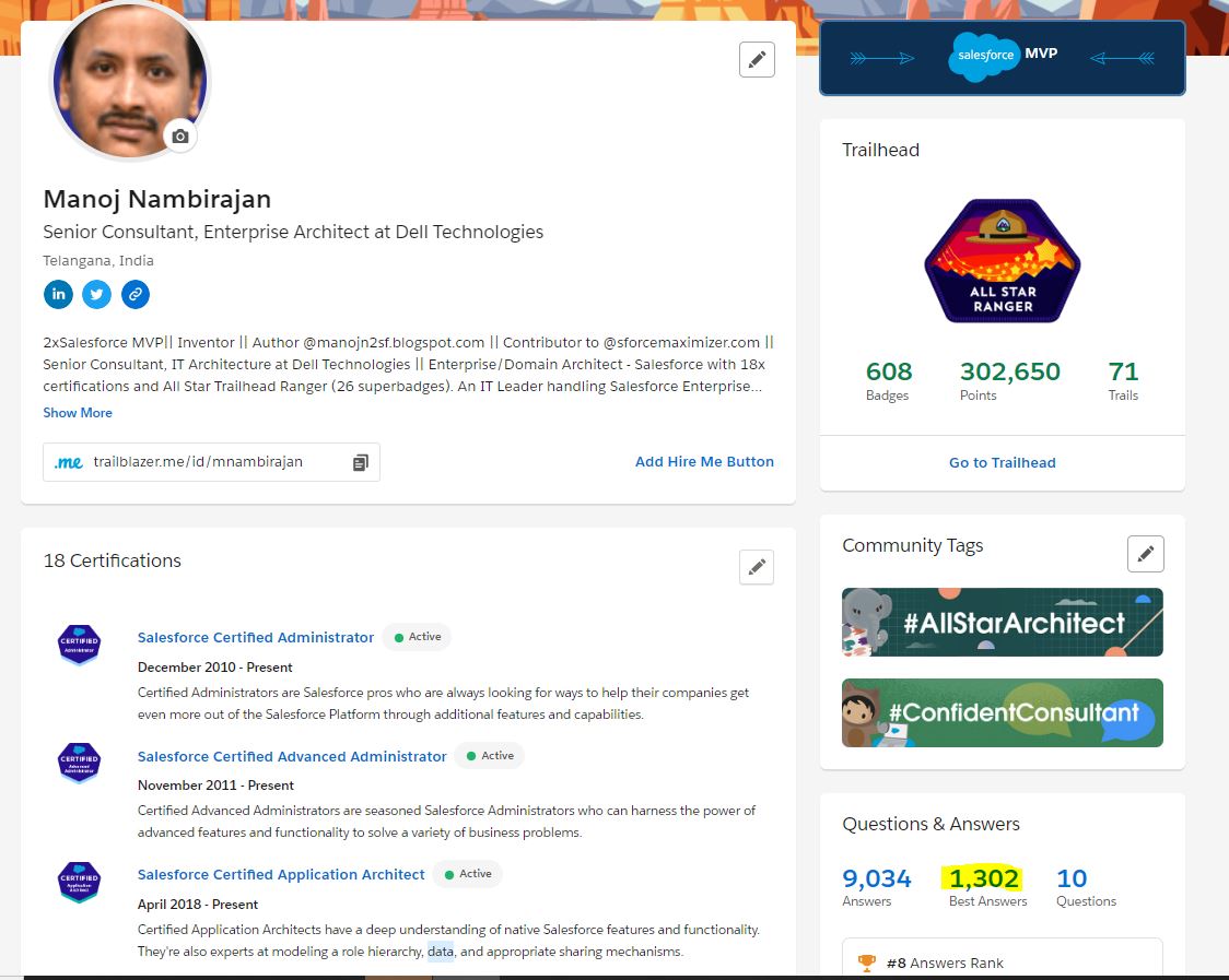 Finally reached 1300 BEST Answers milestone in Trailhead Answer Community. Thanks to all trailblazers for their support and votes. Glad to be part of this community and journey continues. 🙂

#Trailblazer #trailhead #Salesforce