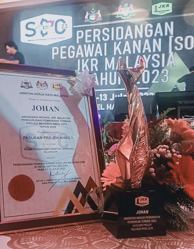 PPK1_JKR's tweet photo. TAHNIAH diucapkan kepada Pasukan Projek Pembinaan Pusat Kardiologi Hospital Serdang, PPK1 atas kejayaan menjadi JOHAN Anugerah Inovasi JKR Malaysia Pengurusan Pembinaan Terbaik Projek Melebihi RM20juta pada 11 Julai 2023 sempena Persidangan Pegawai Kanan (SOC) JKR Malaysia 2023 https://t.co/WK5CQiS8vG