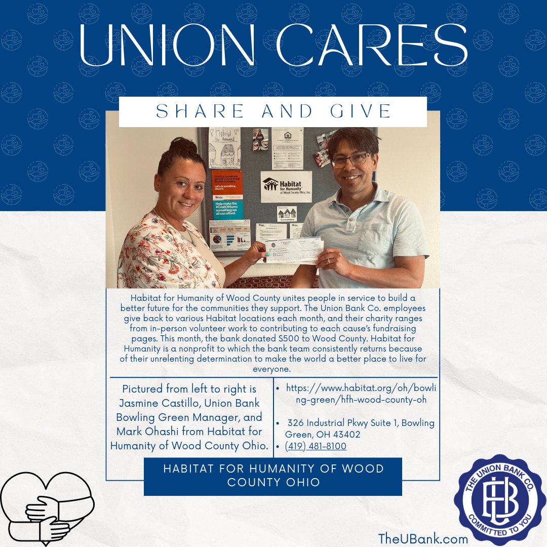 TheUnionBankCo's tweet photo. The Union Bank Company strives to deepen their connection with local communities via their work with Ohio nonprofits. In June, the bank gave back to three nonprofits: Marion Matters, Lima’s Samaritan House, and Habitat for Humanity of Wood County Ohio. 
#UnionCares https://t.co/iN70n6KiT0