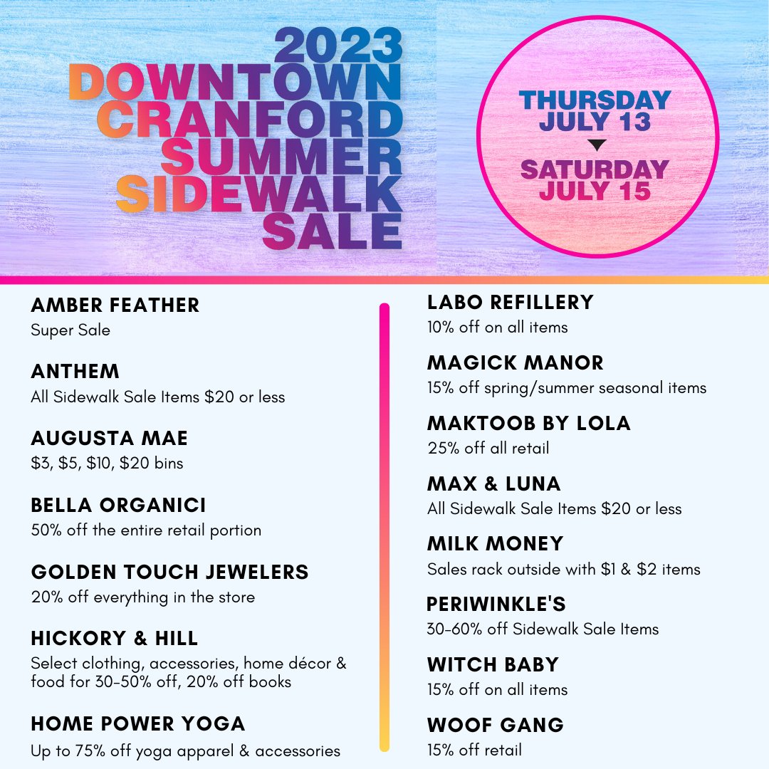 Spend this weekend downtown and take advantage of special discounts and promotions during the Downtown Cranford Sidewalk Sale! Take a look at the sales participating stores are offering from Thursday, July 13 through Saturday, July 15. There are great deals to be found!