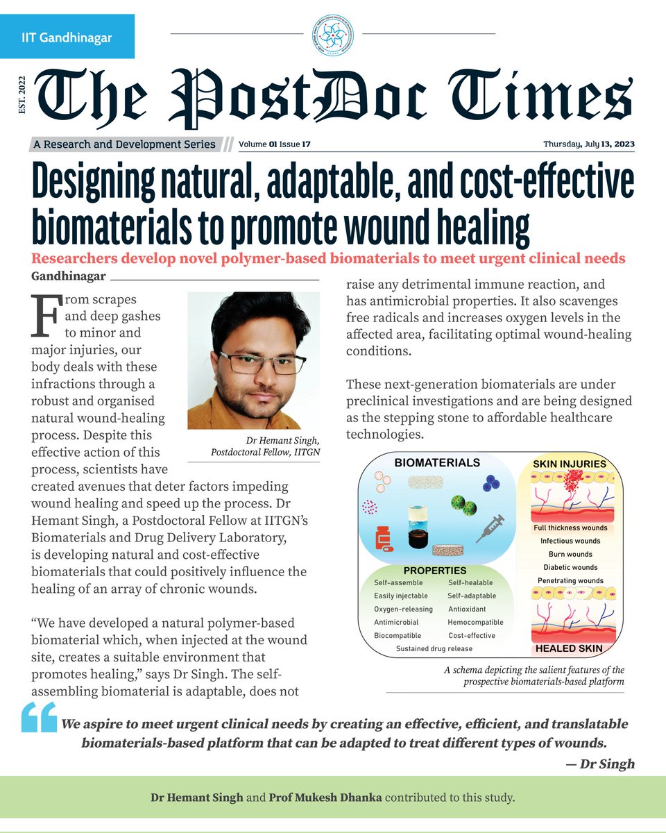 iitgn's tweet image. Dr Hemant Singh is Post Doctoral Fellow at IITGN’s Biomaterials and Drug Delivery Laboratory. Using the concepts of #MaterialsEngineering, #synthesis, and #biology, he is designing novel, cost-effective #biomaterials that aid in wound healing.