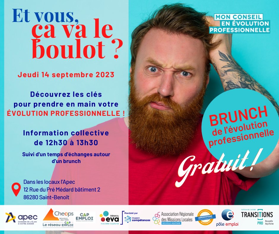 [SAVE THE DATE] ET VOUS, ÇA VA LE BOULOT ?   🚩Brunch de l’évolution professionnelle  📷 Jeudi 14 septembre 2023   📷Temps d’échanges jusqu’à 14h30  📷 Saint-Benoit (86)  En savoir plus 📷transitionspro-na.fr/et-vous-ca-va-… #reconversion #formation