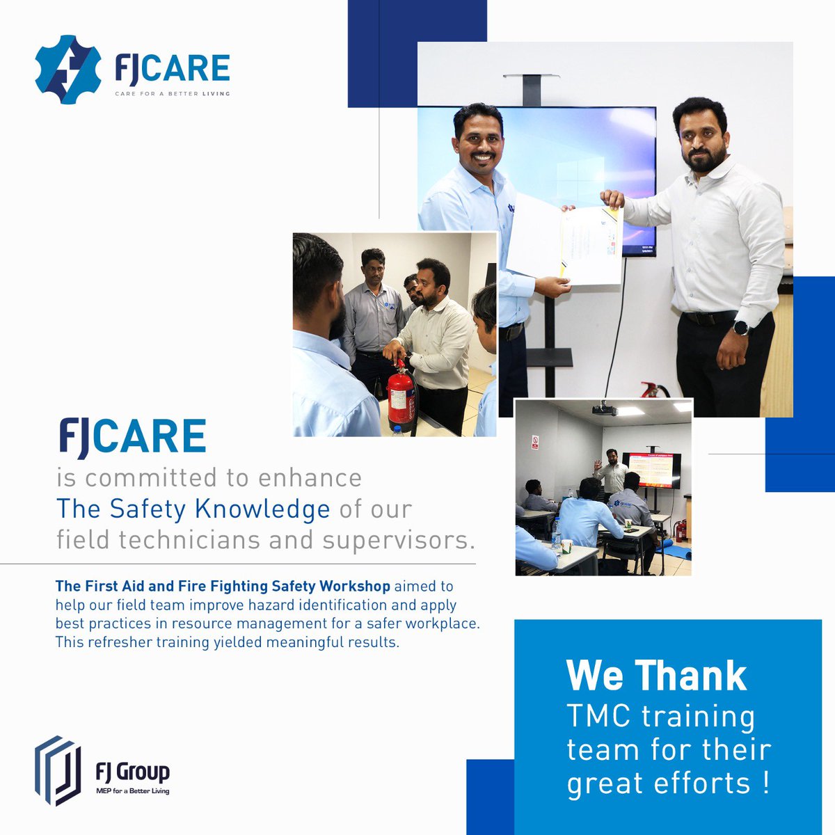 FJGroupMEP's tweet photo. FJCare is committed to enhance the safety knowledge of our field technicians and supervisors.
 
The First Aid and Fire Fighting Safety workshop aimed to help our field team improve hazard identification and apply best practices to control resources for a safer workplace. https://t.co/E1a4vRY9R3