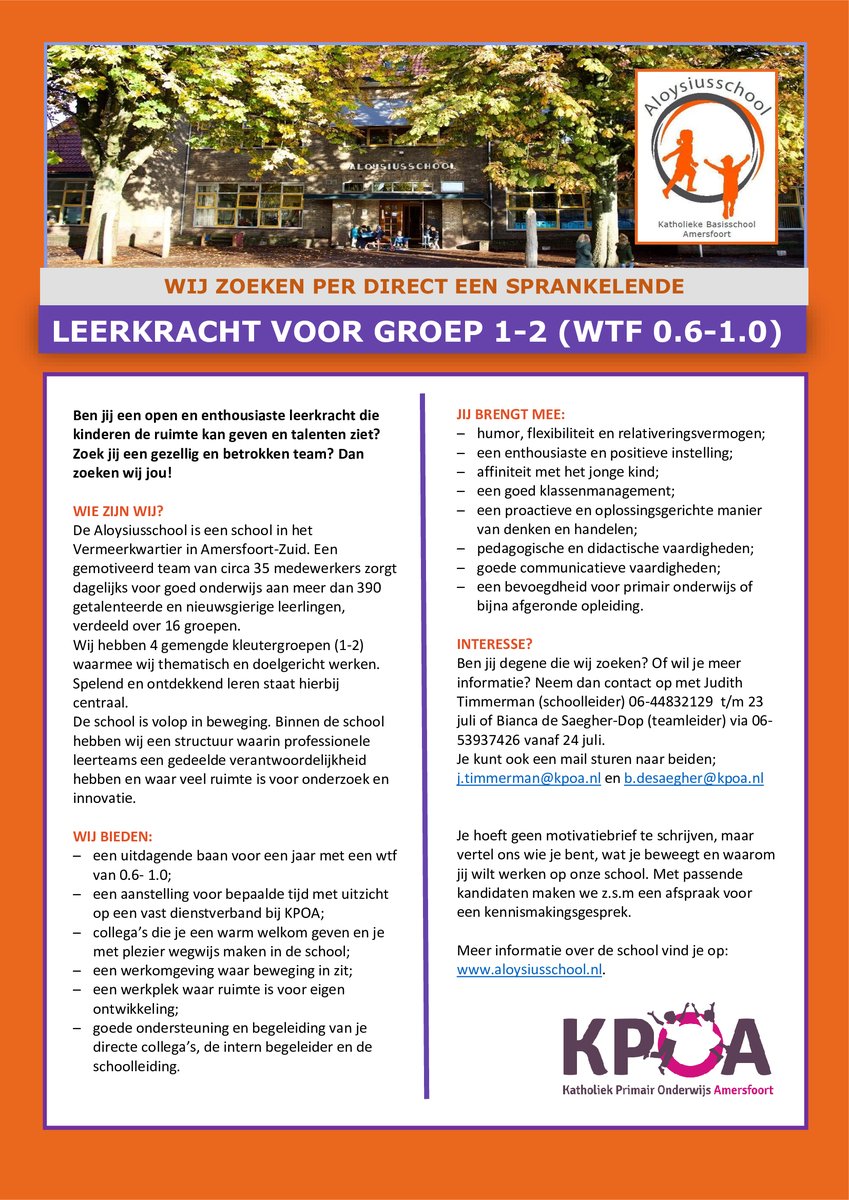 De Aloysiusschool zoek een leerkracht groep 1-2 (WTF 0,6 -1,0)