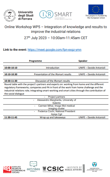 IRsmart_EU's tweet photo. July 27 #online #workshop  "Integration of knowledge and results to improve the industrial relations" to wrap up all the #knowledge acquired on #smartworking and #industrial relations
you can access the conference clicking this link https://t.co/LoI8gHvwl6 👇 https://t.co/kb2gencIG3