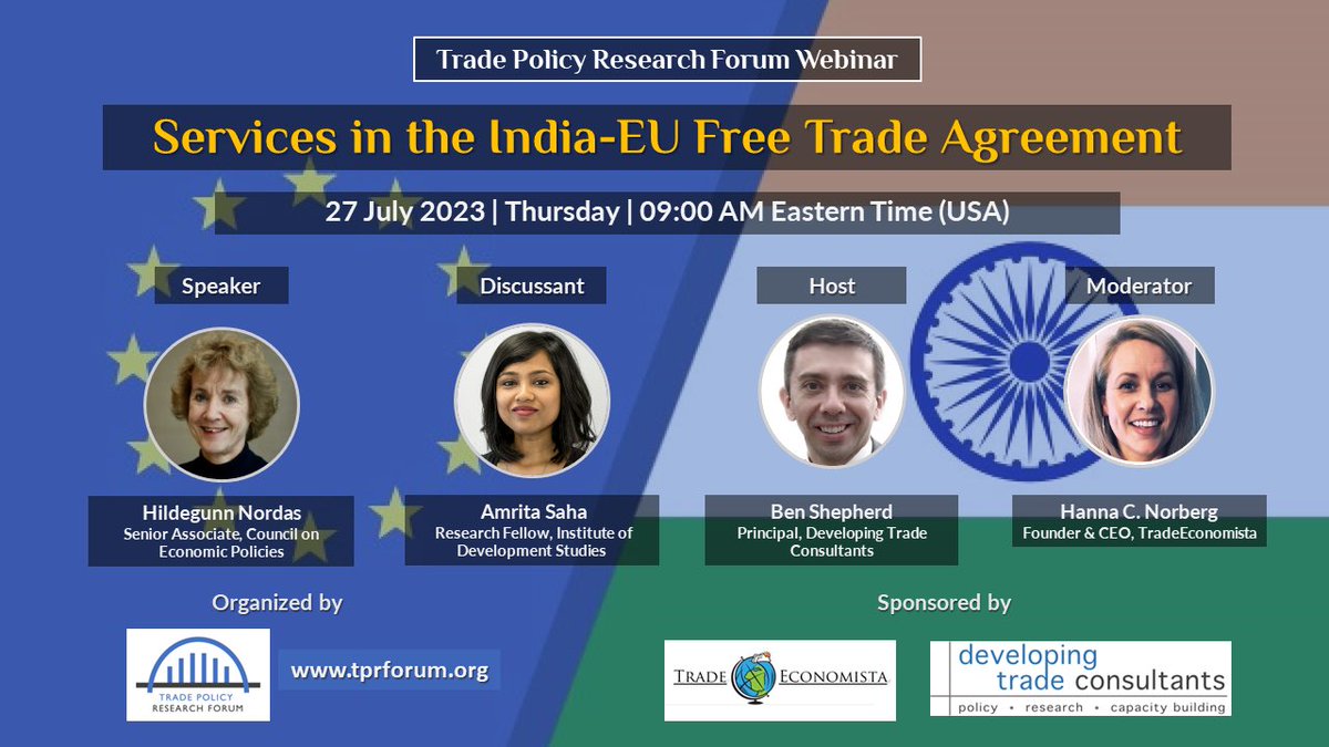 TPRForum's tweet photo. 📣Next Trade Policy Research Forum webinar is coming up on THURSDAY, JULY 27 9AM ET/1500 CET
We’re thrilled to welcome @kyvik_nordas who’ll present new research on "#Services in the #India-#EU #FTA" w/ Amrita Saha discussant.
Sign up here to join us! https://t.co/DtktjoMSLY https://t.co/hZ7qx71mHU