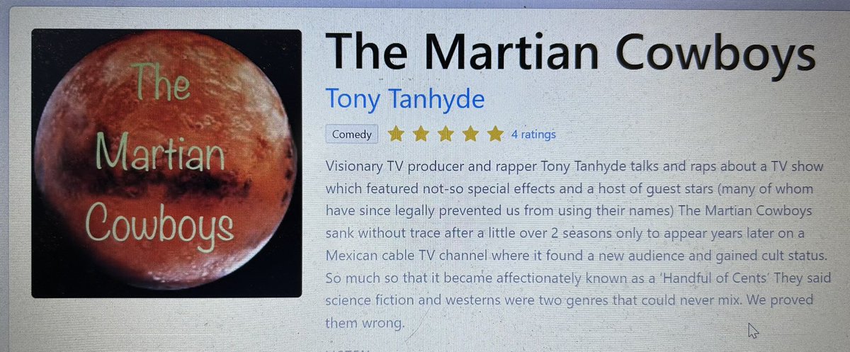 divnity_rising's tweet photo. Discover why the world (4 people actually) rate The Martian Cowboys worthy of 5 ⭐️ ratings.

Frogs, Joe Dolce, Liam Neeson, Bruce Forsyth &amp; many more guests will keep you enthralled about the greatest TV show to feature cowboys on Mars

#PodNation 

https://t.co/VUL1M4Sk09 https://t.co/Z2itsflXsY