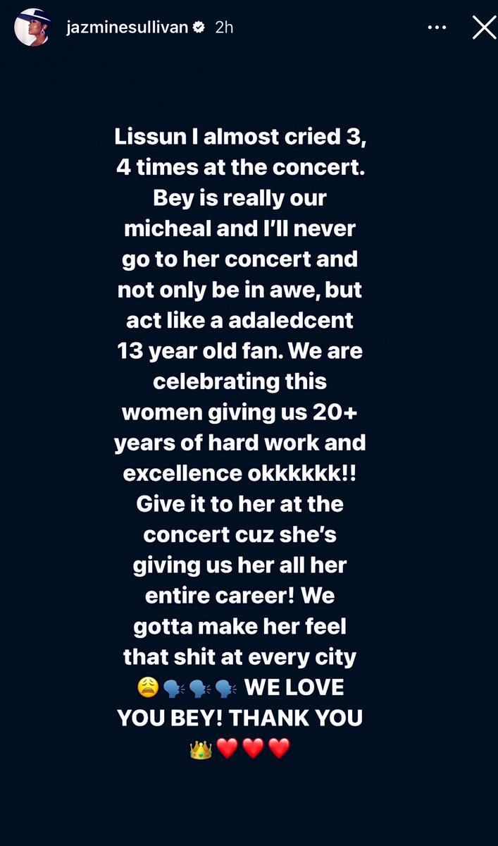 “We are celebrating this
women giving us 20+ years of hard work and excellence okkkkkk!!
Give it to her at the concert cuz she's giving us her all her entire career!”

- Jazmine Sullivan on Beyoncé

#Beyoncé #Beyhive #RENAISSANCEWorldTour #JazmineSullivan #RWT #RWT2023