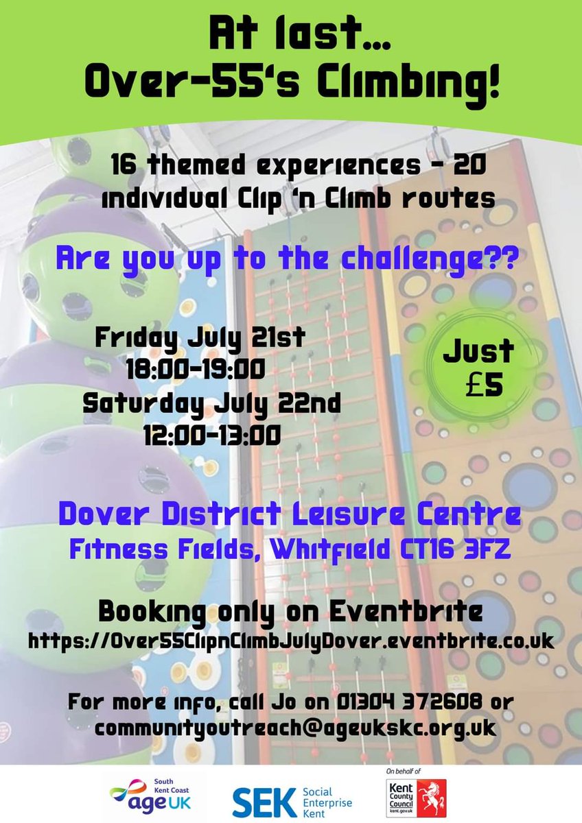 Over 55s climbing - Friday SOLD OUT,  last few spaces for Saturday 22 July - suitable for a levels,  book now to avoid disappointment:  …5ClipnClimbJulyDover.eventbrite.co.uk #Dover #Climbing