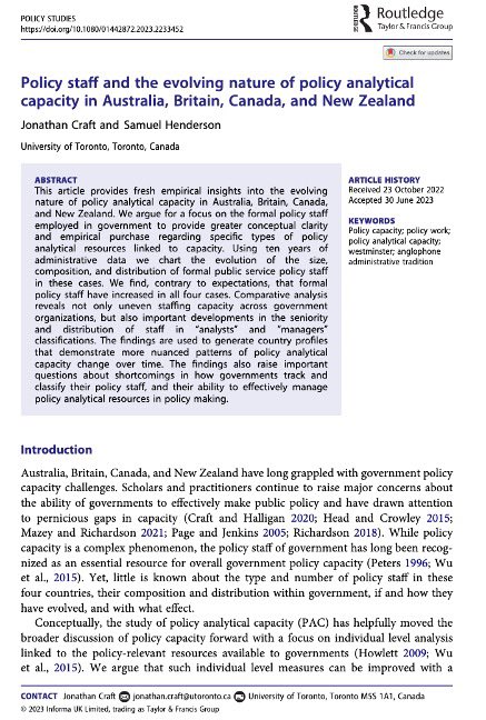 3rd article w/ Sam Henderson on Westminster policy staff  --&gt; tandfonline.com/eprint/GMTPCQA… over time + in all 4 cases, + senior policy staff in CA, AUS, &amp; UK, + managers v. analyst. NZ outlier: smaller growth, fewer senior policy staff &amp; managers #canpoli #auspoli #nzpoli #ukpoli