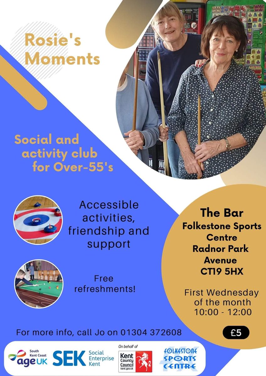 Join Jo, for these accessible, physical activity sessions at Folkestone Sports Centre followed by a chance to relax over a cuppa, play games, craft or listen to a guest speaker - dementia friendly, come alone, with a partner or a friend - everyone welcome! #Folkestone