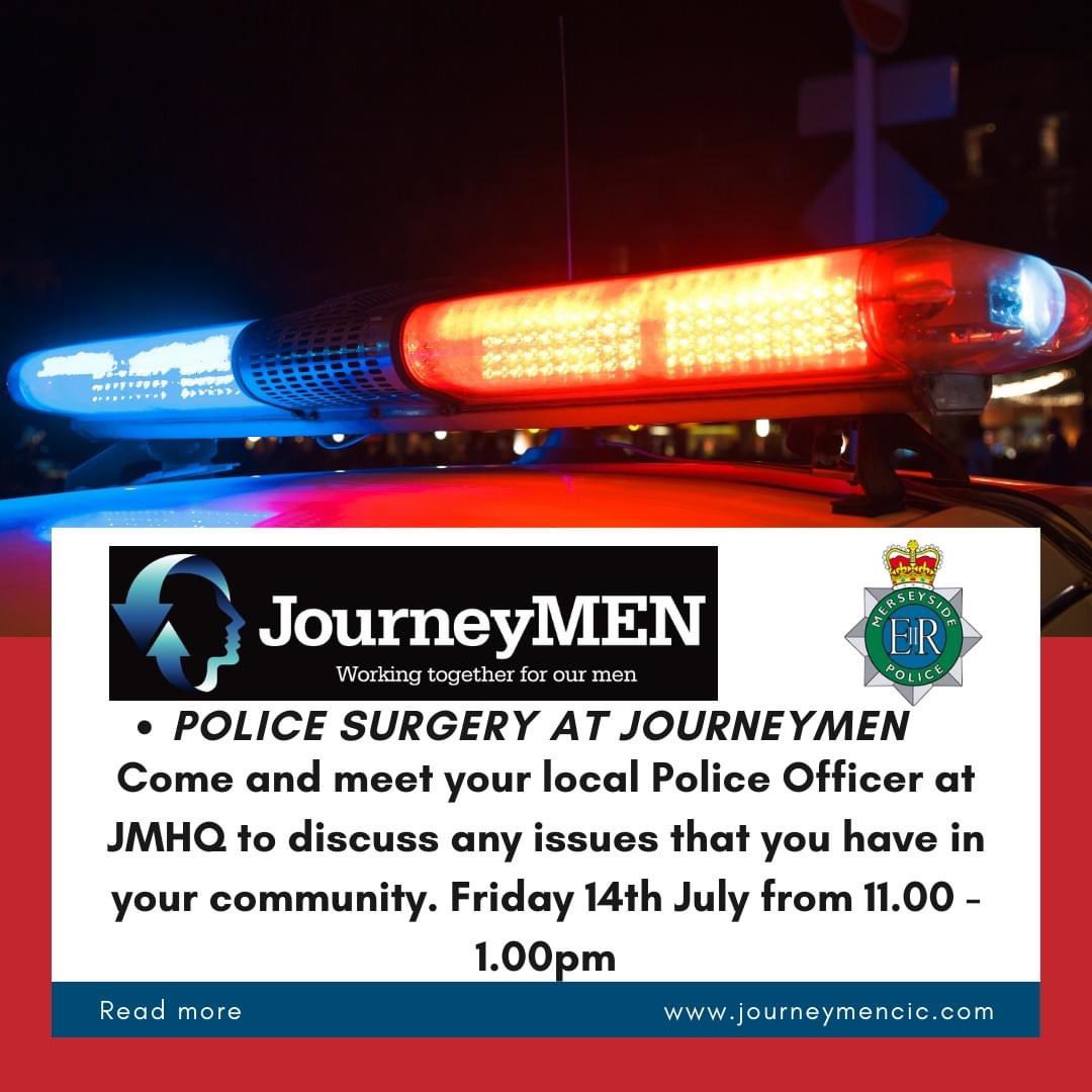 Its 24hrs until our first Merseyside police Surgery at JMHQ so please book your place to spend time with your local officer Merseyside Police 

JourneyMEN - Working Together For Our Men