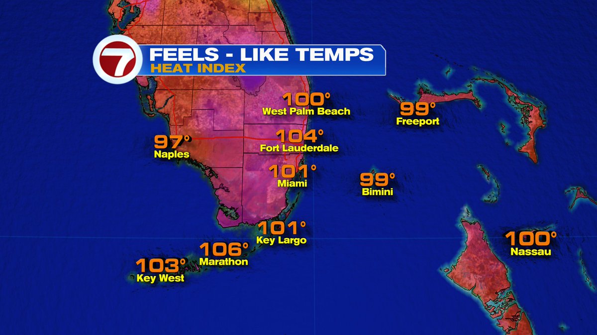 Vivian Gonzalez (@viviangonzalez7) on Twitter photo It is currently feeling VERY HOT! It feels like 101 in Miami, 106 in Marathon and 103 in Key West. Heat Advisory remains in effect. <a href="/wsvn/">WSVN 7 News</a> #FLwx It is currently feeling VERY HOT! It feels like 101 in Miami, 106 in Marathon and 103 in Key West. Heat Advisory remains in effect. <a href="/wsvn/">WSVN 7 News</a> #FLwx