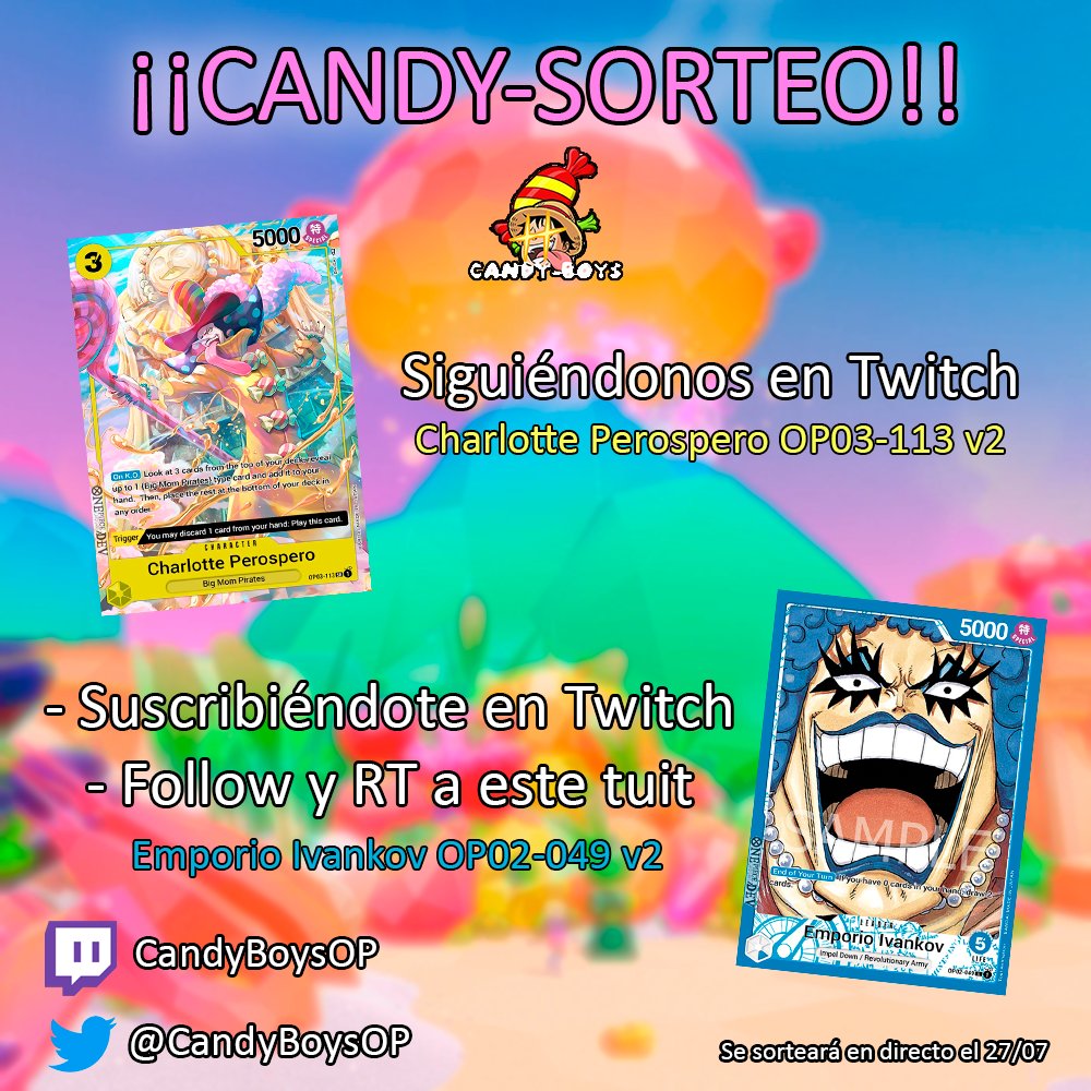 ¡Nos alegra anunciar que en breves realizaremos el ✨CANDYSORTEO✨!

✅ 🍬 Perospero alternativo para los seguidores de Twitch.
✅ 🏳️‍🌈 Ivankov líder alternativo para los suscriptores de Twitch.

Además de cumplir los requisitos anteriores, debéis darnos follow y RT 🔄.

YEEEEHAAAW