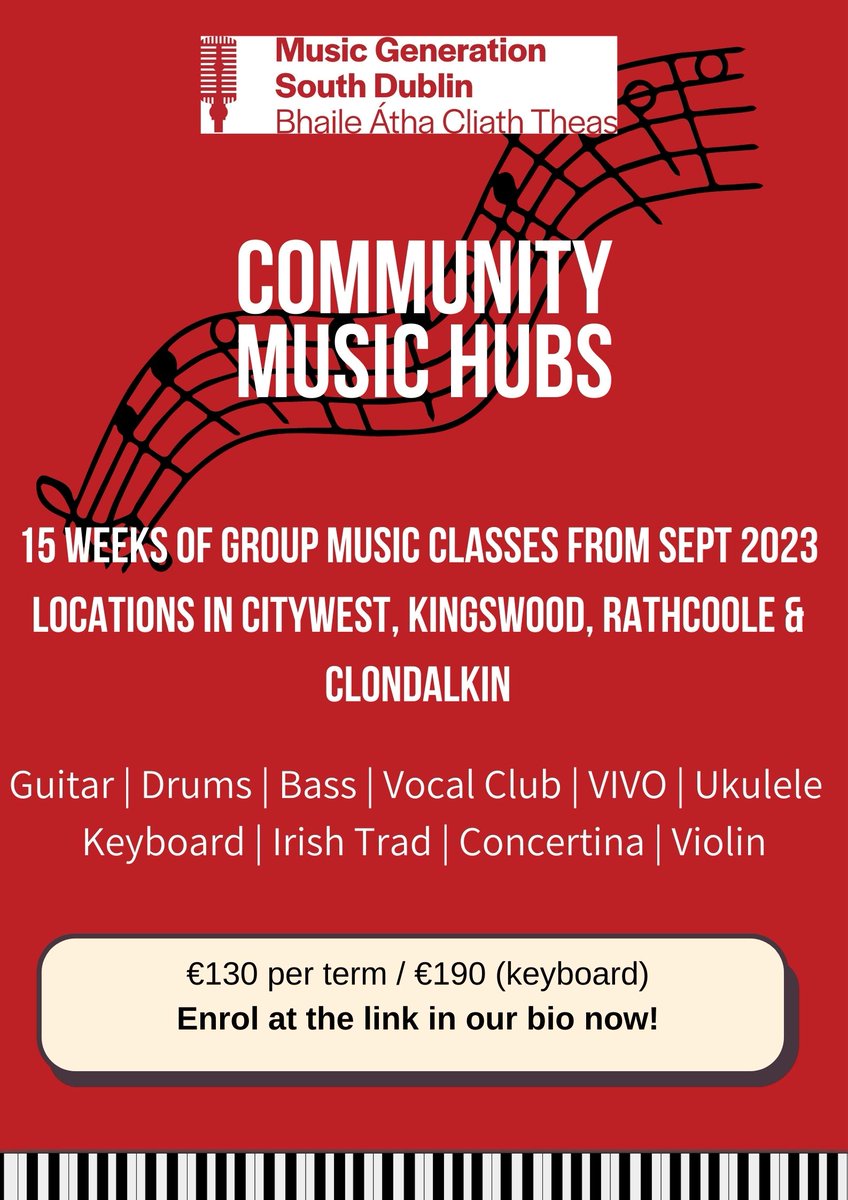 📢 Our Community Music Hubs are looking for new students from September. Enrol at the link below 🎶 Group music classes for children and young people in four different locations across South Dublin🎶 linktr.ee/MusicGenSouthD… #musicgenerationsouthdublin