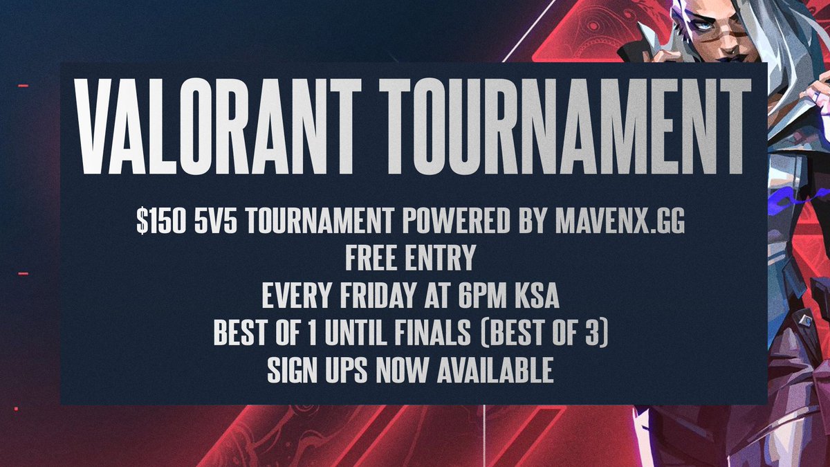 🚨VALORANT TOURNAMENT TOMORROW🚨

⏰ Starts at 6pm KSA
⚔️ 5v5 - Best of 1/3 - STREAMED FINALS
💰 $150 prize for 1st place

Powered by <a href="/mavenxgaming/">MAVEN X</a>! FREE ENTRY but one player must stream on mavenx.gg.

Join: theesportshub.com/tournaments/14…