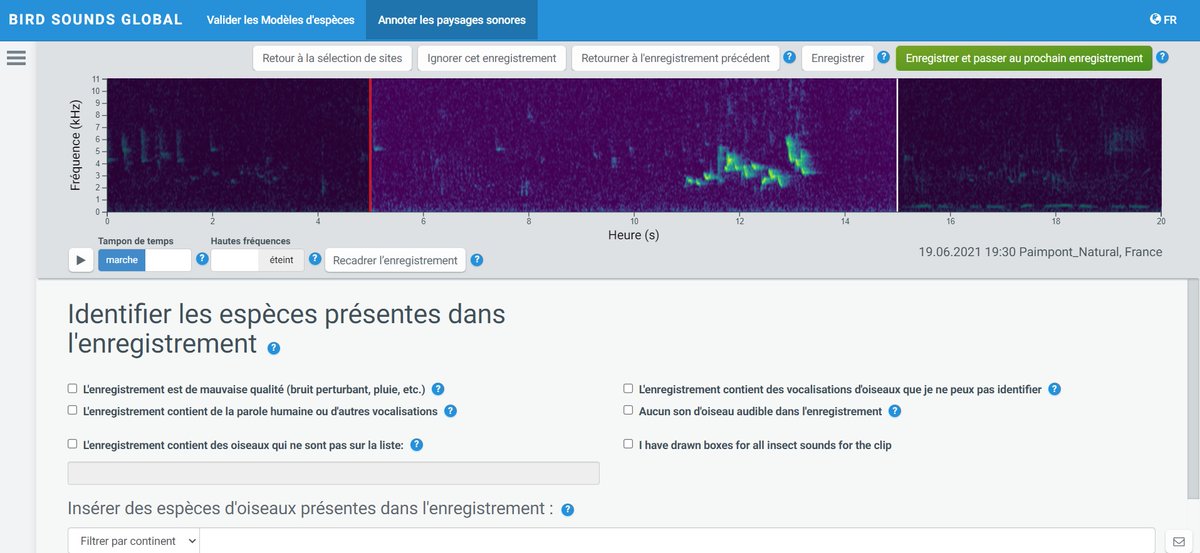 Bird Sounds Global (@birdsoundglobal) on Twitter photo BSG is now available in French 🇫🇷!
L'objectif du portail d'annotation soundscapes est de produire du matériel de formation et de test pour l'identification automatisée des sons d'oiseaux.
bsg.laji.fi/fr/identificat…
#bioacoustics
#ecoacoustics
<a href="/LifeplanProject/">Lifeplan</a> 
<a href="/LPOFrance/">LPO France</a> BSG is now available in French 🇫🇷!
L'objectif du portail d'annotation soundscapes est de produire du matériel de formation et de test pour l'identification automatisée des sons d'oiseaux.
bsg.laji.fi/fr/identificat…
#bioacoustics
#ecoacoustics
<a href="/LifeplanProject/">Lifeplan</a> 
<a href="/LPOFrance/">LPO France</a>