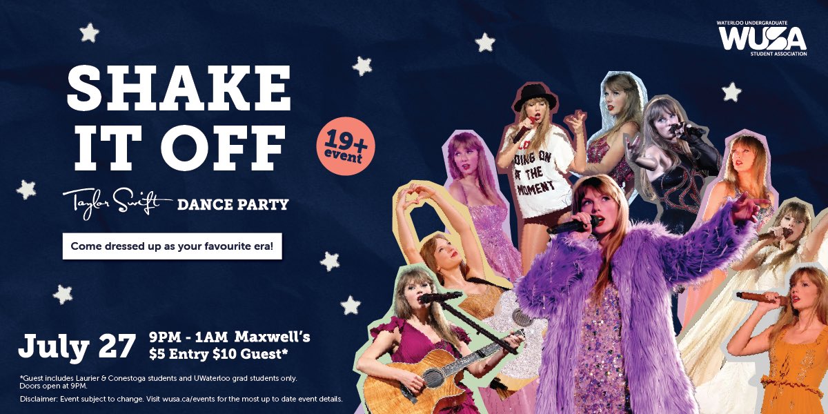 yourWUSA's tweet photo. 🎉 The hottest #yourWUSA event is here! Ready For It? Shake It Off: Taylor Swift Dance Party (19+)! 🪩 Dance with Style &amp; live out your Wildest Dreams on July 27, 9pm-1am, at Maxwell’s. Reserve your tickets now to this Enchanted night at https://t.co/LGNEowVPz1! ✨ #uwaterloolife https://t.co/aAXUvVYt7B