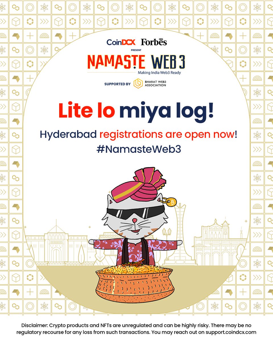 CoinDCX's tweet photo. Namaste Web3 is in your town! Hyderabad. Block your calendar with our exclusive #NamasteWeb3- Hyderabad event in partnership with @Forbesindia and supported by @BW3Association. ππ
Register now - https://t.co/ofAoLDhgRn
#Web3FutureofInternet https://t.co/d8w5Ctjgj7