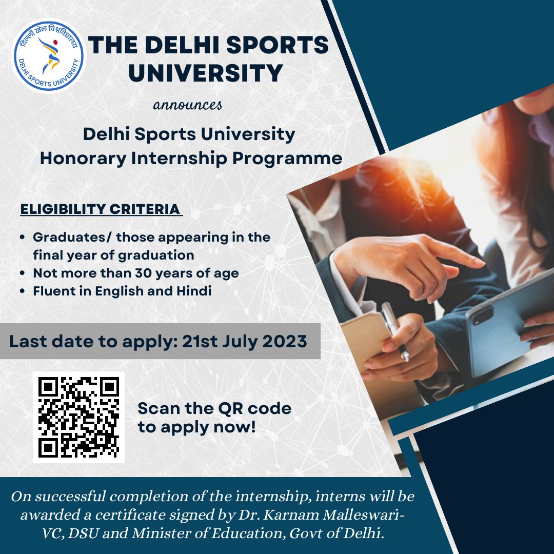 We are inviting applications for the Delhi Sports University Honorary Internship Program! Grab this opportunity to get a certificate signed by Dr. Karnam Malleswari- VC, DSU and Minister of Education, Govt of Delhi! Visit- forms.gle/eER8rtbKJgAmPS… Last date to apply: 21.07.2023