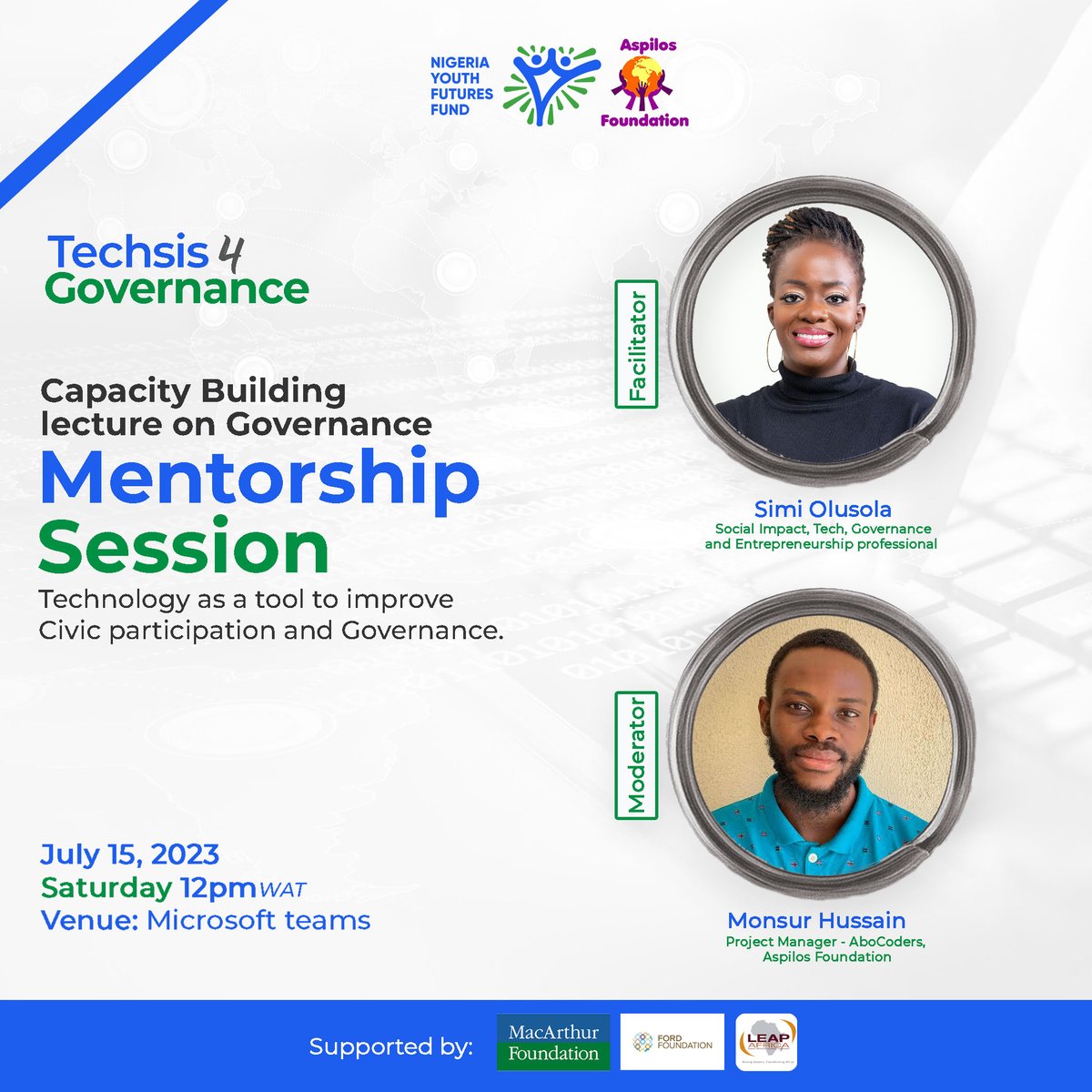 aspilosfdn's tweet photo. This weekend on our TechSis for Governance training platform, we would be having two exceptional experts mentor participants on the transformative influence of technology on shaping the future of governance.
#thenigeriawewant
#Tech4Gov #DigitalGovernance https://t.co/2kjaWKzxUn