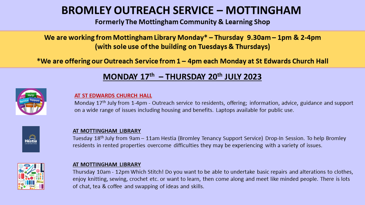 Details of sessions and surgeries available at Mottingham Library & St Edward's Church Hall next week. @MBLR_Mott @devesian @BromLibraries @Hestia1970 @BR7BR5BR1News #housing #support #Advice #information