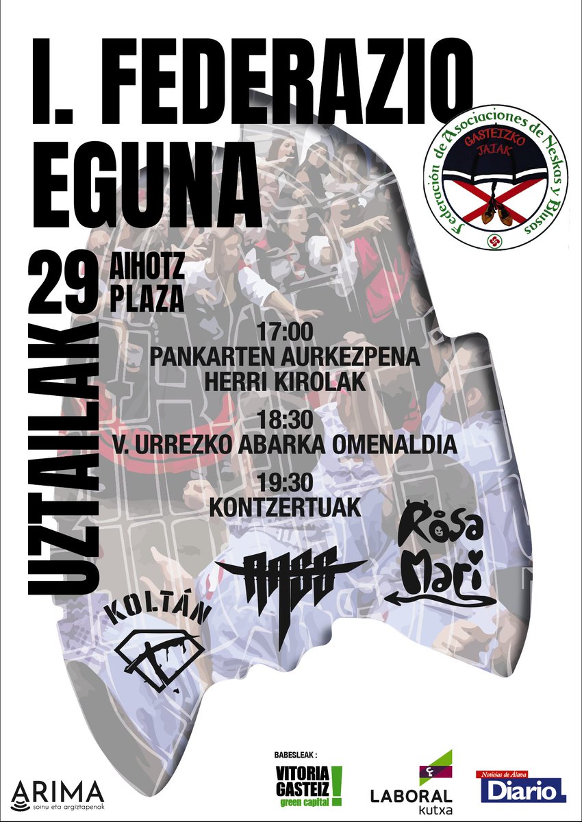 LosBainas's tweet photo. I. Gasteizko Jaiak Federazio Eguna
Uztailak 29

Pankarten aurkezpena 🏳️
Herri kirolak 🪓
Urrezko Abarka omenaldia 🏅
Kontzertuak 🎸🎧

Zure zain gaude!

@gasteizko_jaiak
Arima Soinua
Laboral Kutxa
@NoticiasdeAlava

#GoraLosBainas #LaBlanca2023 https://t.co/WOUSKXFLfC