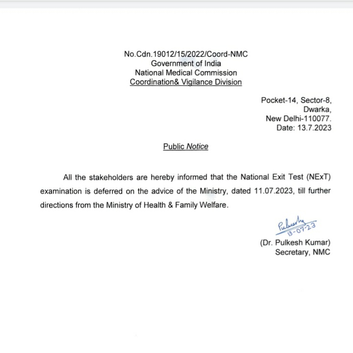Vivekpandey21's tweet photo. All the stakeholderS are hereby informed that the National Exit Test (NEXT)
examination is deferred on the advice of the Ministry, dated 11.07.2023, till further directions from the Ministry of Health & Family Welfare ✌️
#nextexam #next #MedTwitter
#NONEXTFOR2019BATCH
#NoNext https://t.co/wx9iGVJNjf