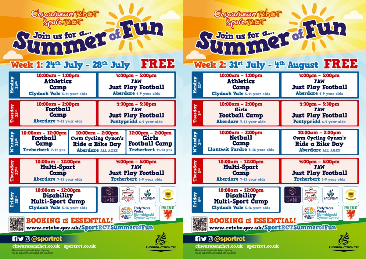 SportRCT's tweet photo. COMING SOON... Sport RCT Summer of Fun ☀️

Six weeks of..
⚽️  Just Play Football sessions
🏐 Sports Camps
🚲 Ride a Bike open days
🛝 Outdoor Family Fun events

ALL FREE! For full details or to book, visit https://t.co/m4C86eAsnc

@RCTCouncil @sportwales @CamVillageTrust @FcAberaman @ChurchVNetball @EarlyWales