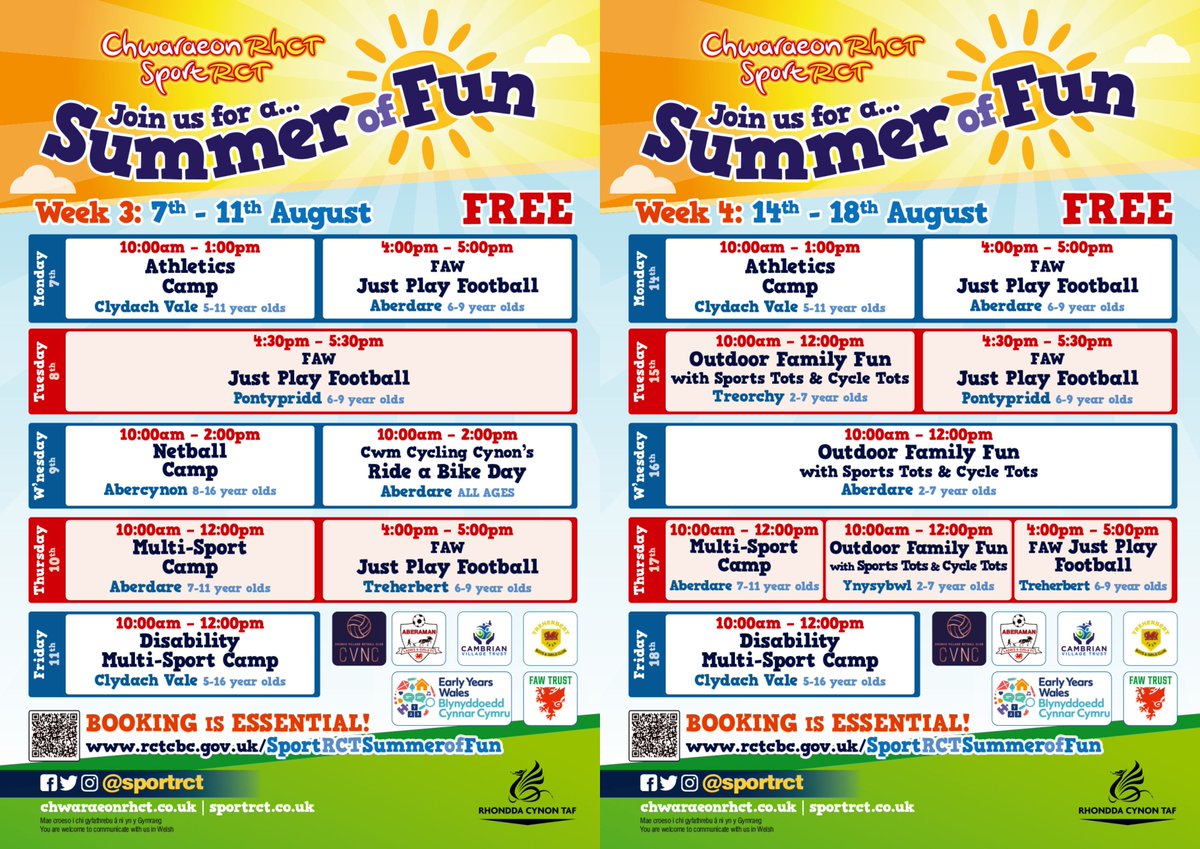 SportRCT's tweet photo. COMING SOON... Sport RCT Summer of Fun ☀️

Six weeks of..
⚽️  Just Play Football sessions
🏐 Sports Camps
🚲 Ride a Bike open days
🛝 Outdoor Family Fun events

ALL FREE! For full details or to book, visit https://t.co/m4C86eAsnc

@RCTCouncil @sportwales @CamVillageTrust @FcAberaman @ChurchVNetball @EarlyWales