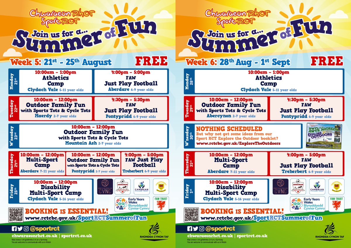 SportRCT's tweet photo. COMING SOON... Sport RCT Summer of Fun ☀️

Six weeks of..
⚽️  Just Play Football sessions
🏐 Sports Camps
🚲 Ride a Bike open days
🛝 Outdoor Family Fun events

ALL FREE! For full details or to book, visit https://t.co/m4C86eAsnc

@RCTCouncil @sportwales @CamVillageTrust @FcAberaman @ChurchVNetball @EarlyWales