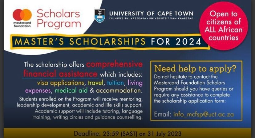 Fully-funded scholarships for African students! Apply to the University of Cape Town Mastercard Scholars Program 2024. Benefits include tuition, accommodation, stipend, flight, and medical insurance. 

Apply by July 31: rb.gy/iqwod

 #Scholarships #Africa #Education