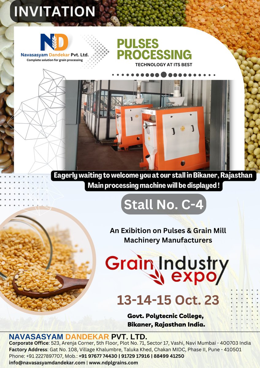 Ndplgrains's tweet photo. We cordially invite you to visit our stall no. C-4
13-14-15 October'2023
Govt. Polytecnic College
Bikaner, Rajasthan, India.

#exibition #grainindustryexpo #bikaner #dalmilling #ricemilling #flourmilling #manufacturing #technology #peanutprocessing https://t.co/s8iteJ3zgP