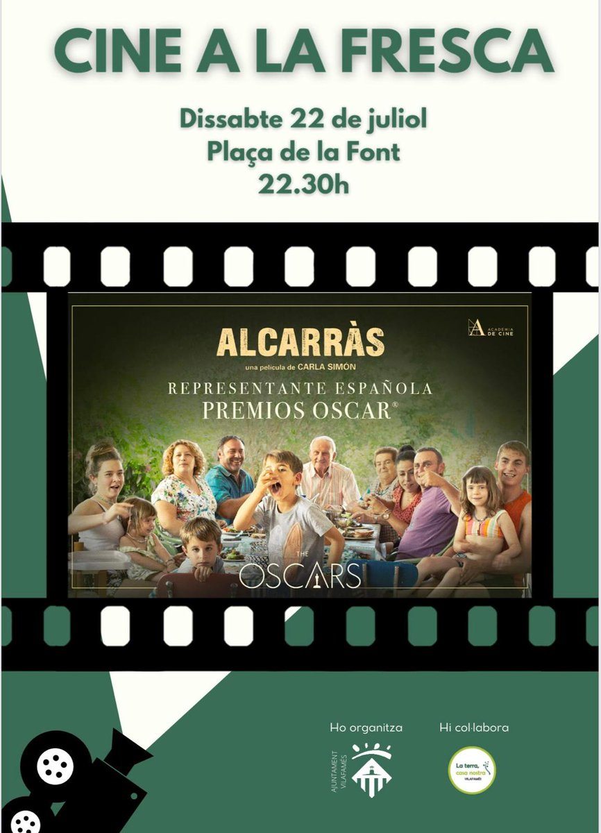 terracasanostra's tweet photo. 🎥 Cine a la fresca amb la projecció d'Alcarràs, una pel·lícula de Carla Simon que tracta la problemàtica que hi ha al voltant de les macroplantes fotovoltaiques.
🍿Vos hi esperem! https://t.co/b8spOZG9yH