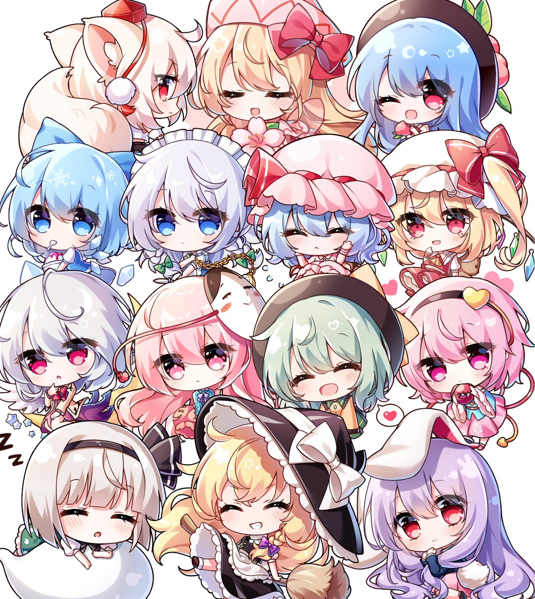 cirno ,flandre scarlet ,hata no kokoro ,hinanawi tenshi ,izayoi sakuya ,kirisame marisa ,komeiji koishi ,komeiji satori ,konpaku youmu ,konpaku youmu (ghost) ,reisen udongein inaba ,remilia scarlet black headwear hat wings closed eyes blue hair multiple girls yellow shirt  illustration images