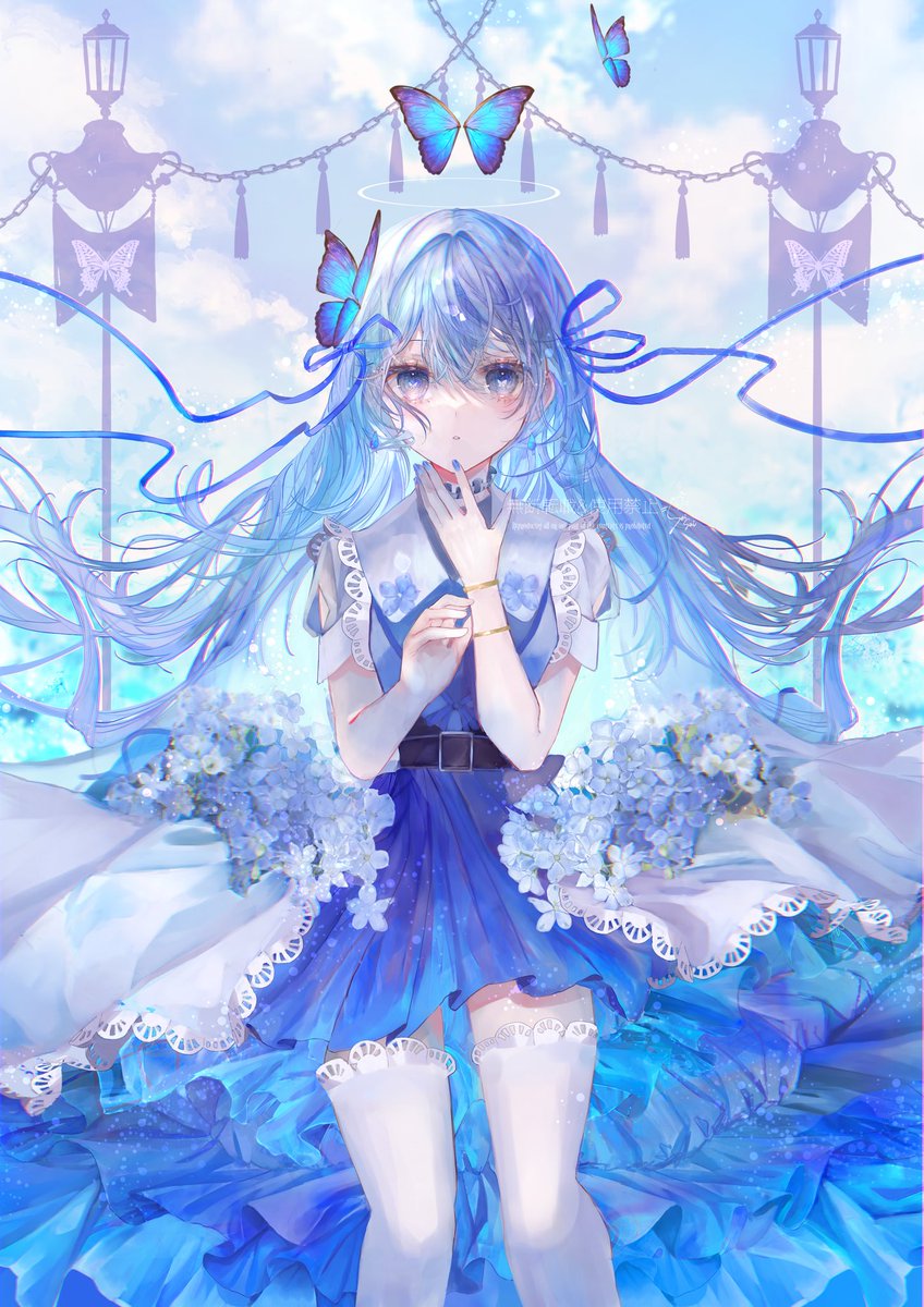 1girl solo butterfly bug long hair blue hair dress  illustration images