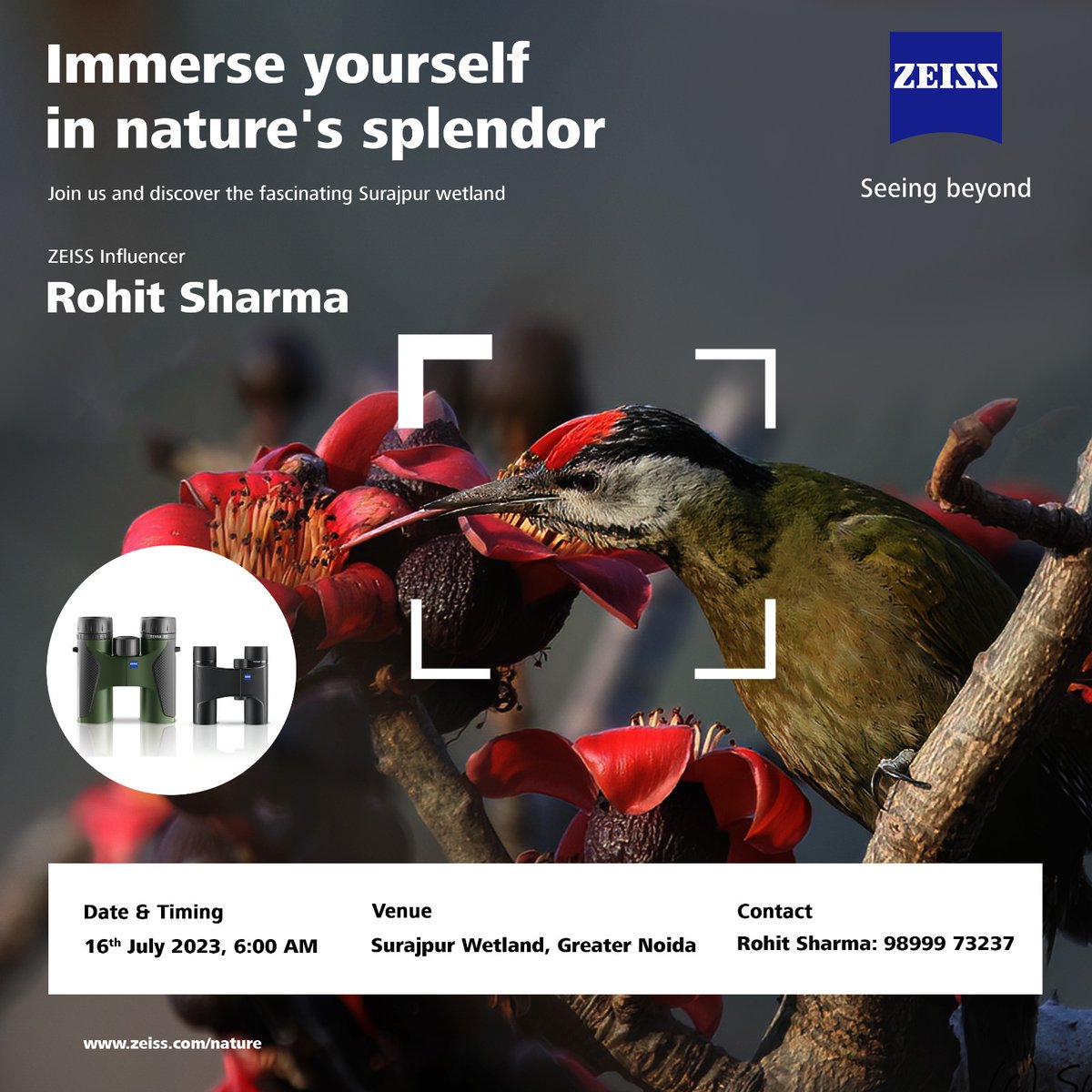 Get ready for a wonderful experience with ZEISS influencer Rohit Sharma to observe and identify birds at Surajpur Wetland, Greater Noida, Uttar Pradesh.

Save the date:
16th July 2023, 06:00 AM

#birdwatching #zeissnature #zeissnatureindia #binoculars #zeissbirdwalk
