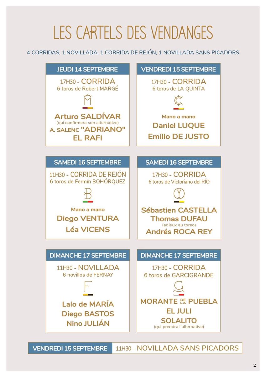 Cartels de la Feria des Vendanges de #Nîmes, la saison 2023 continue dans l’inflation … du nombre de spectacles taurins et de spectateurs ! Merci <a href="/CaronAymericoff/">Aymeric Caron</a>, on remet ça quand ? 

#Ouiàlacorrida