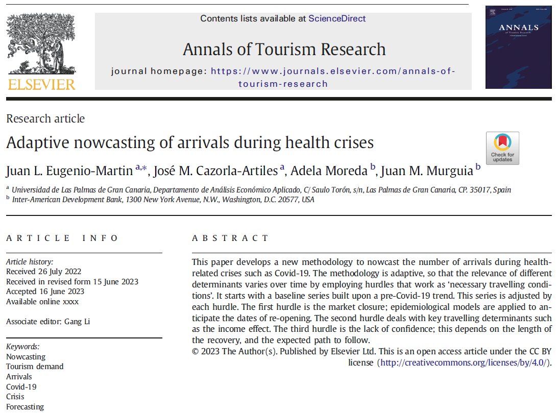 JLEugenioMartin's tweet photo. Very happy to share the paper @AnnTourRes explaining the methodology that we developed to nowcast tourist arrivals during the Covid-19 pandemic. It was employed by @el_BID to aid LATAM &amp; CAR countries to make decisions in real-time. Open-access: https://t.co/cSb6ZOmPhu https://t.co/ENBDbEnXUs