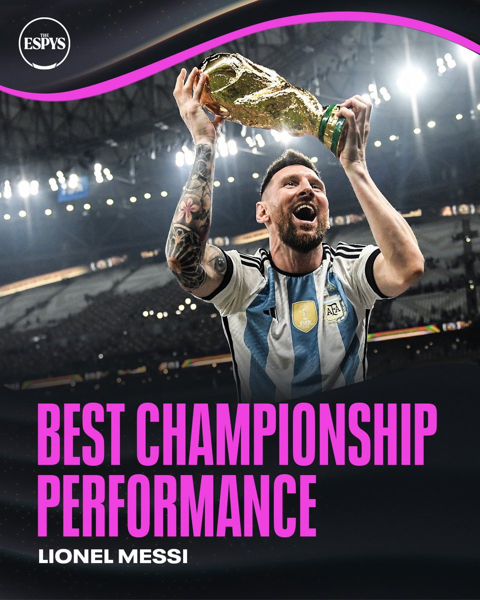 AlbicelesteTalk's tweet photo. 🚨 OFFICIAL: Lionel Messi has won the @ESPYS for best championship performance of the year with his man of the match performance in the World Cup Final.

He also won the @ESPYS award for best football player the world. 🏆✨ https://t.co/GyJYlyMcuT