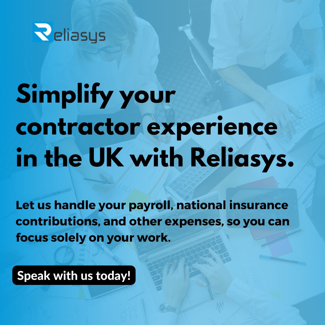ReliasysL's tweet photo. Simplify your financials and reduce paperwork by working with our umbrella company. We handle payroll and all tax-related paperwork, so you can spend more time doing what you love. 
Contact us now at https://t.co/JGmiWmZdaB. https://t.co/2tUcQctRM4