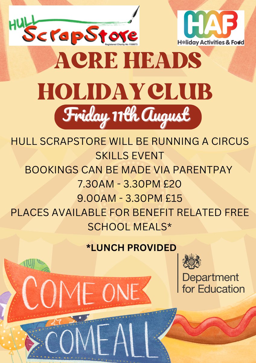 Acreheads7ST's tweet photo. @HullScrapstore are holding a Circus Skills day at our Holiday Club on Friday 11th August, places bookable via ParentPay or  #holidayclub #events #acreheads #HAF https://t.co/0cdTzT5Yh8